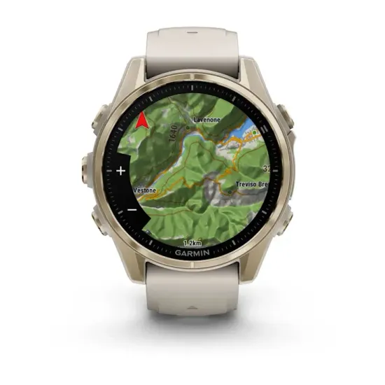 Мультиспортивные GPS часы Garmin Fenix 8S (43 mm) AMOLED, Sapphire Soft Gold with Fog Gray/Dark Sandstone Silicone Band 010-02903-11