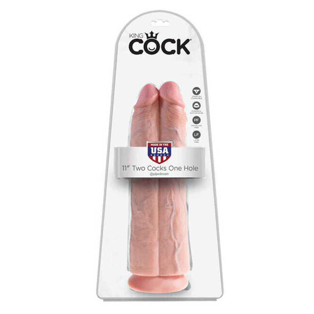 Фаллоимитатор сдвоенный на присоске телесный King Cock 11 Two Cocks One Hole, телесный (Цвет: телесный)