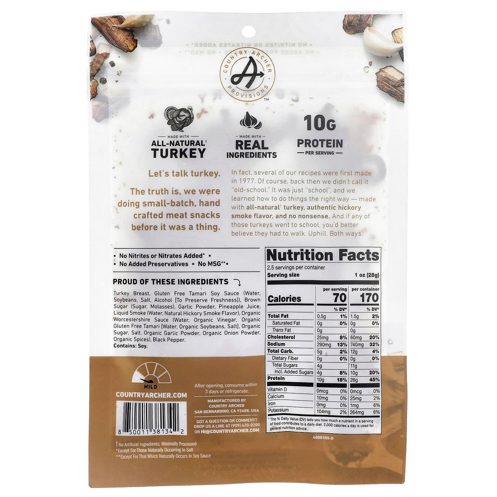 Country Archer Jerky, полностью натуральное вяленое мясо индейки, копчение на дровах гикори, 71 г