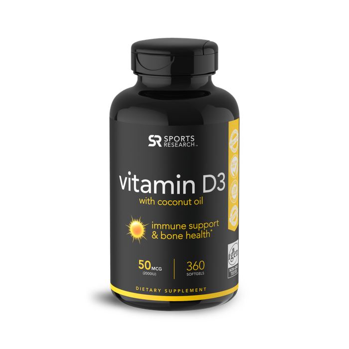 Vitamin D3 2000 МЕ, Витамин Д3 с Органическим Кокосовым Маслом, Sports Research (360 капсул)