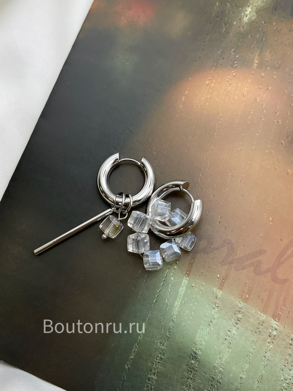 Серьги серебристые конго трансформеры с прозрачными подвесками "кубы"