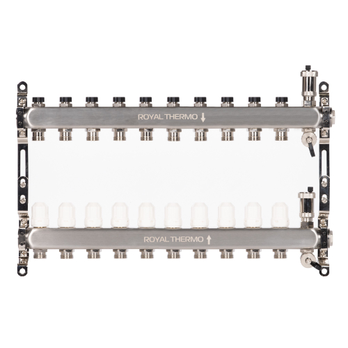 Коллектор Royal Thermo нерж. в сборе универсальный 1quot; ВР-3/4quot; НР с автомат. воздухоотвод-ми 10 вых.