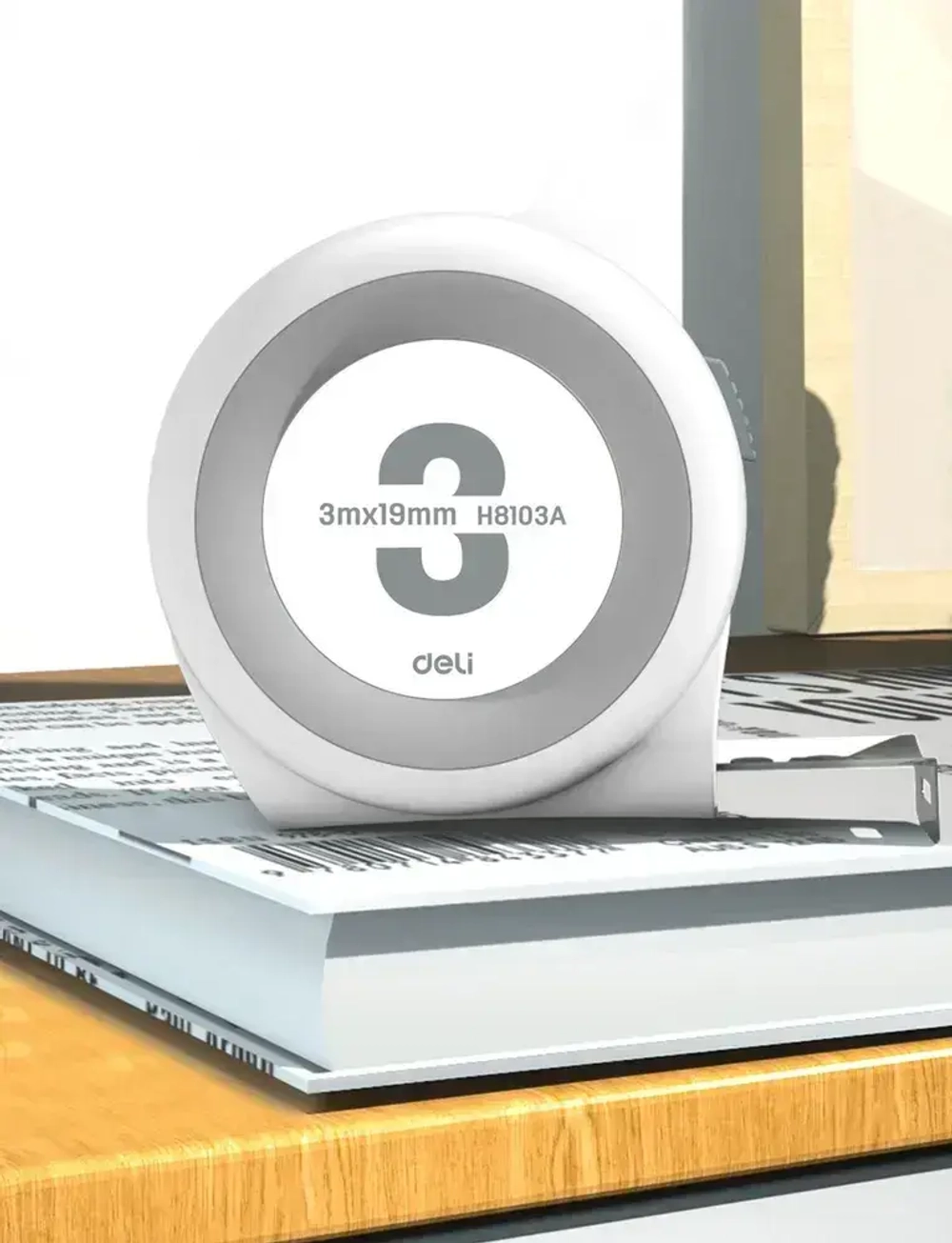 Рулетка "Home Series White" Deli H8103A 3м х 19мм (Эксклюзивный дизайн, клипса, ремешок, подарочная упаковка)