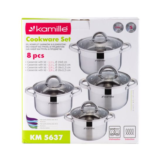Набор кастрюль 8 предметов из нержавеющей стали Kamille KM-5637S (1,0 л; 1,8 л; 2,5 л; 3,8 л)