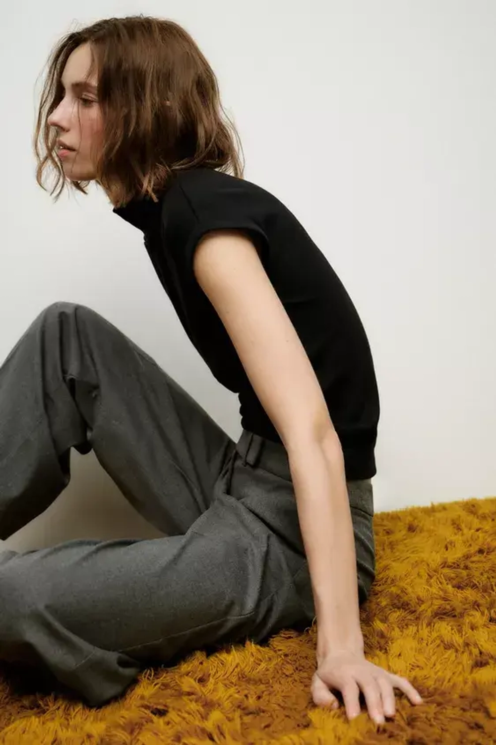 ZARA ТОП В РУБЧИК С ВОРОТНИКОМ-СТОЙКОЙ, ЧЕРНЫЙ