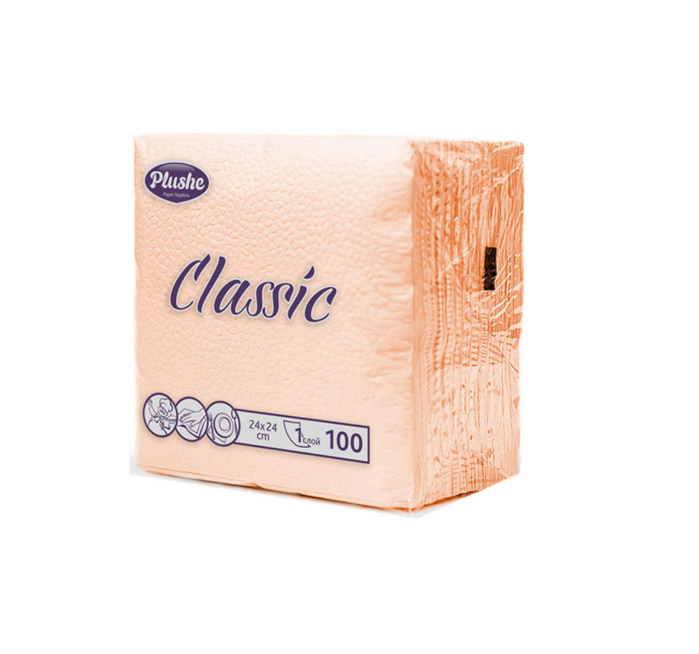 Салфетки бумажные Plushe Classic пастель абрикос, 1 слойные, 24*24 см, 100 штук