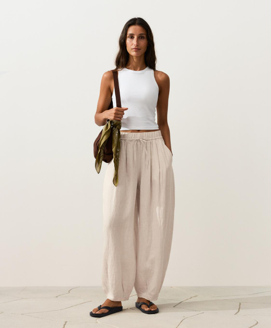Oysho Брюки-баллоны из 100% льна, песочный меланж