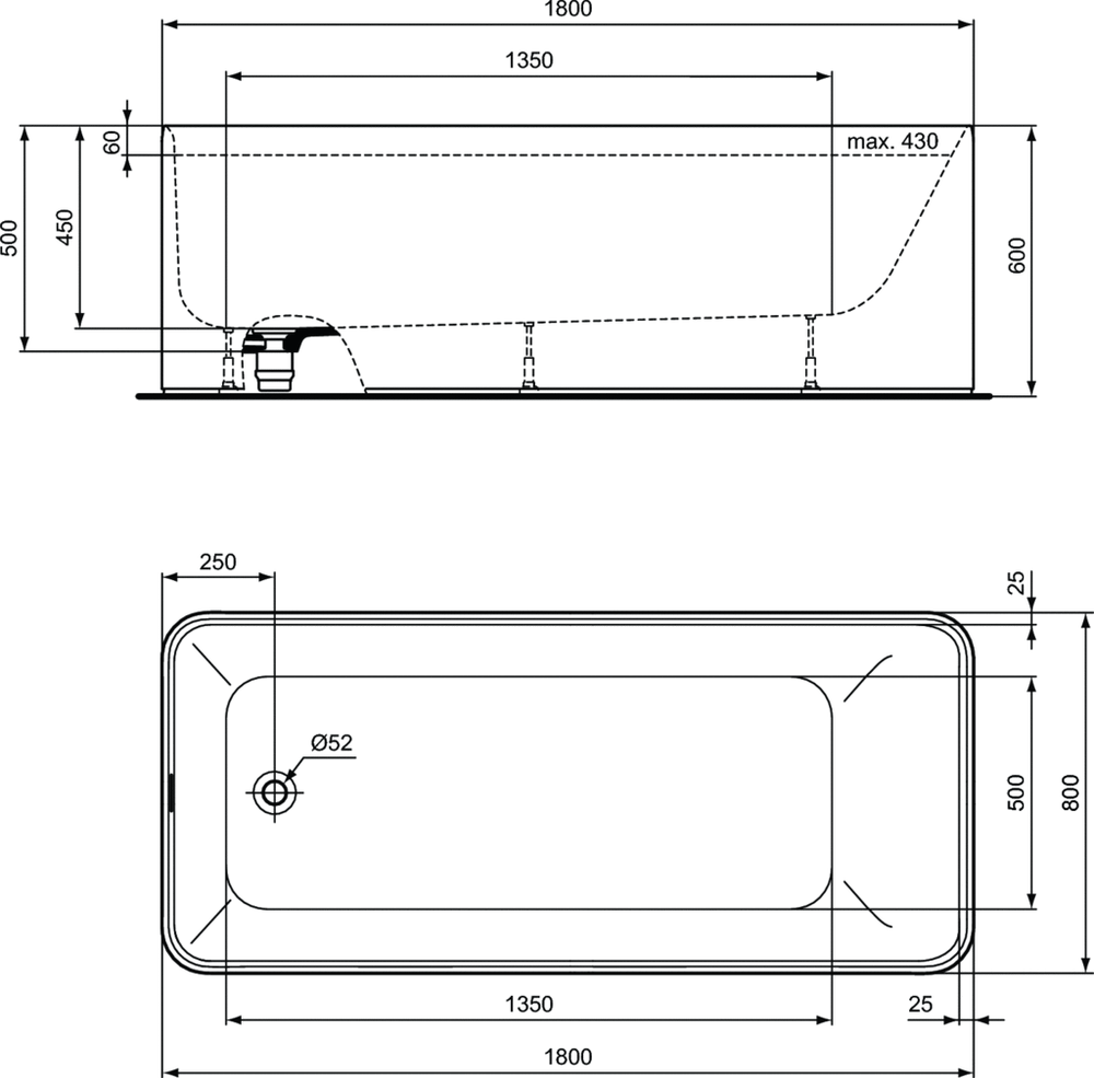 Ванна Ideal Standard Conca 180x80  из композитного материала Solid surface, матовая