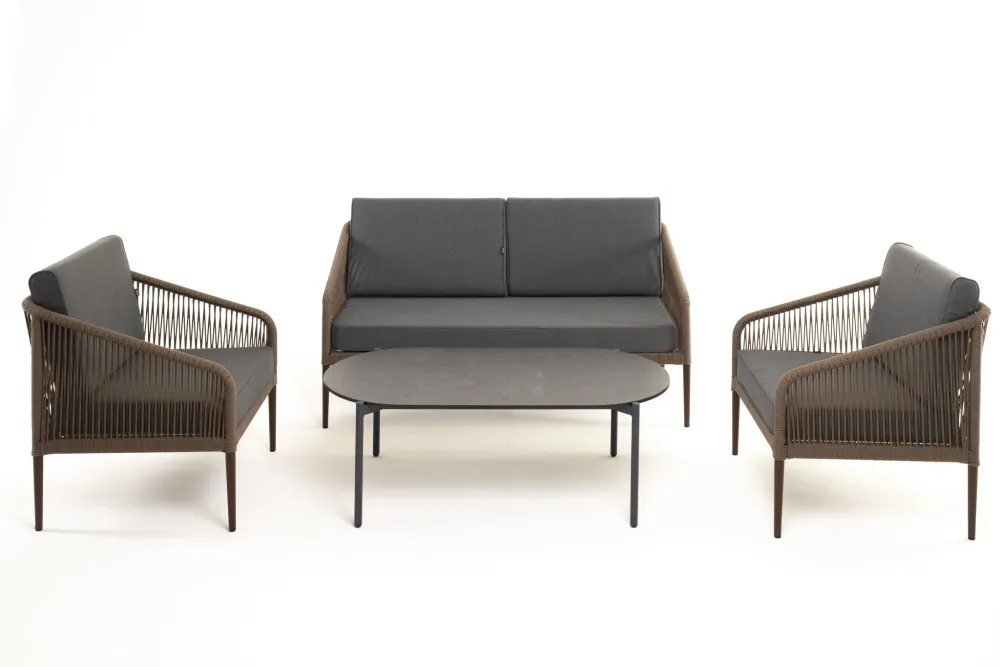 "Канны" лаунж-зона 4-местная из роупа со столом "Верона" (серый гранит), каркас алюминиевый коричневый, роуп коричневый