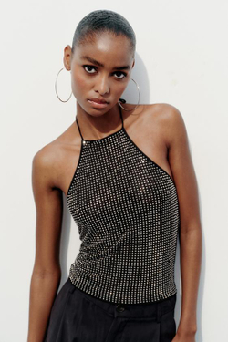 ZARA ТОП С ГОРЛОВИНОЙ ХАЛТЕР ИЗ ПОЛУПРОЗРАЧНОЙ ТКАНИ СО СТРАЗАМИ, ЧЕРНЫЙ
