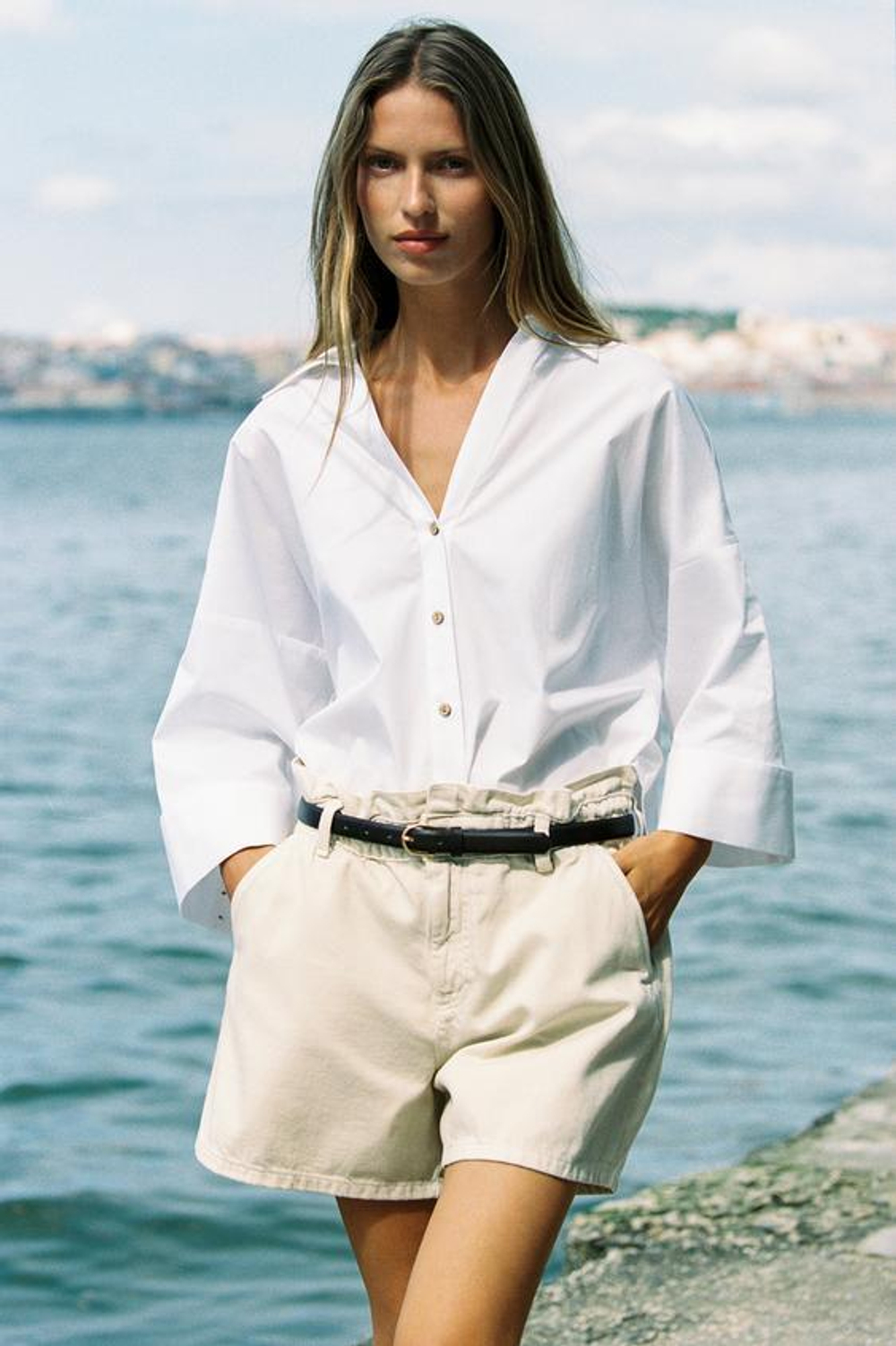 ZARA ШОРТЫ-БЕРМУДЫ С ПОЯСОМ, ЭКРЮ