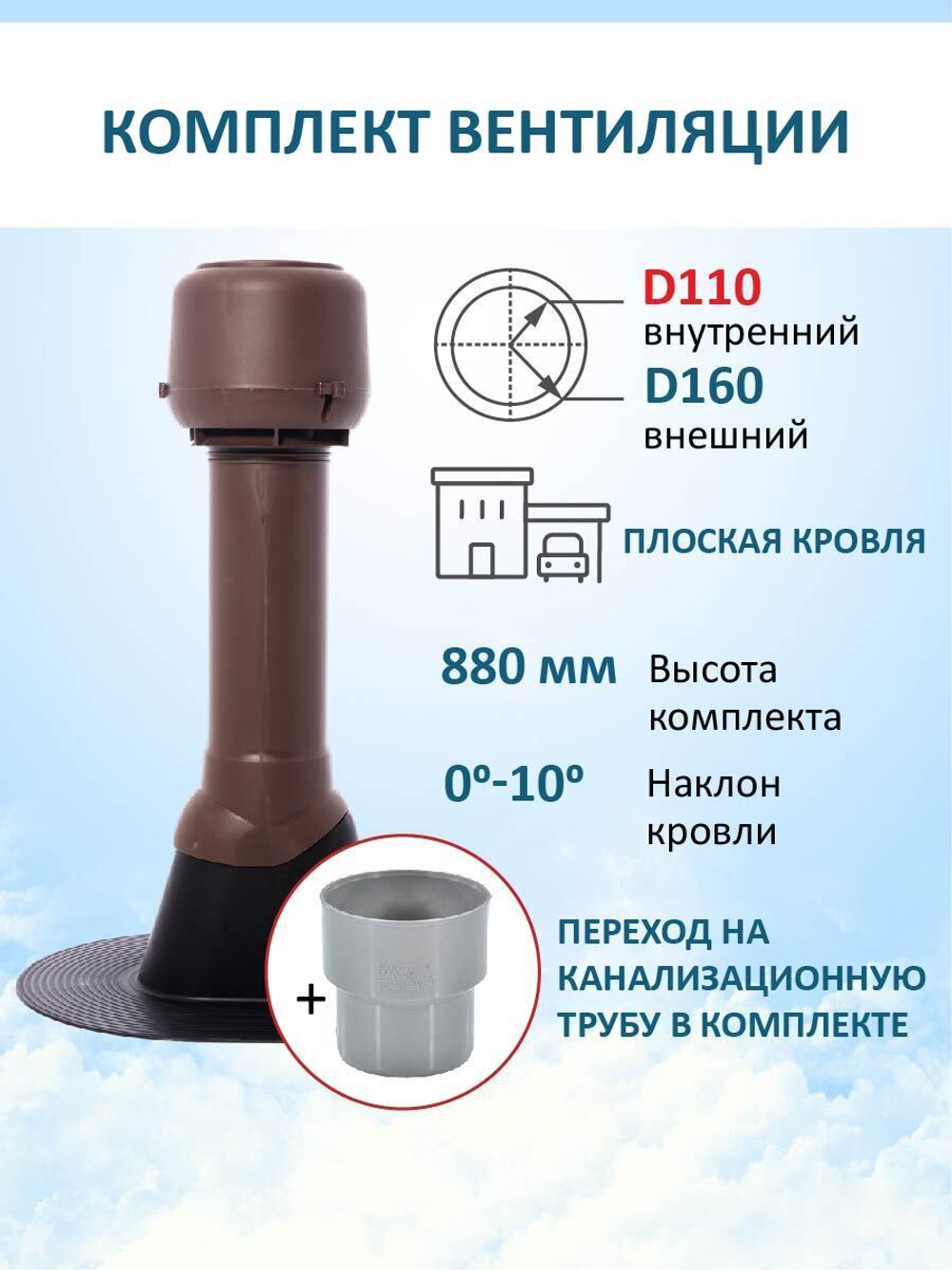 Комплект вентиляции: Вентиляционный выход изолированный D125/160/700 утепленный, проходной элемент для плоской кровли ТП-187, колпак вентиляционный TP D 160 мм, переход на канализационную трубу D110 с вентиляционного выхода 125/160 без уплотнения, коричневый