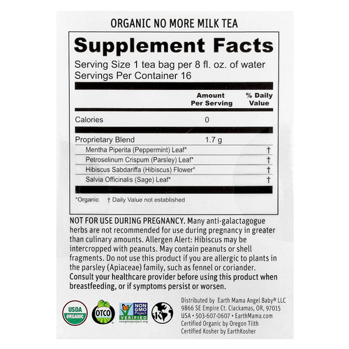 Earth Mama, Organics, органический чай No More Milk, освежающий гибискус и шалфей, без кофеина, 16 чайных пакетиков, 27,2 г (0,96 унции)