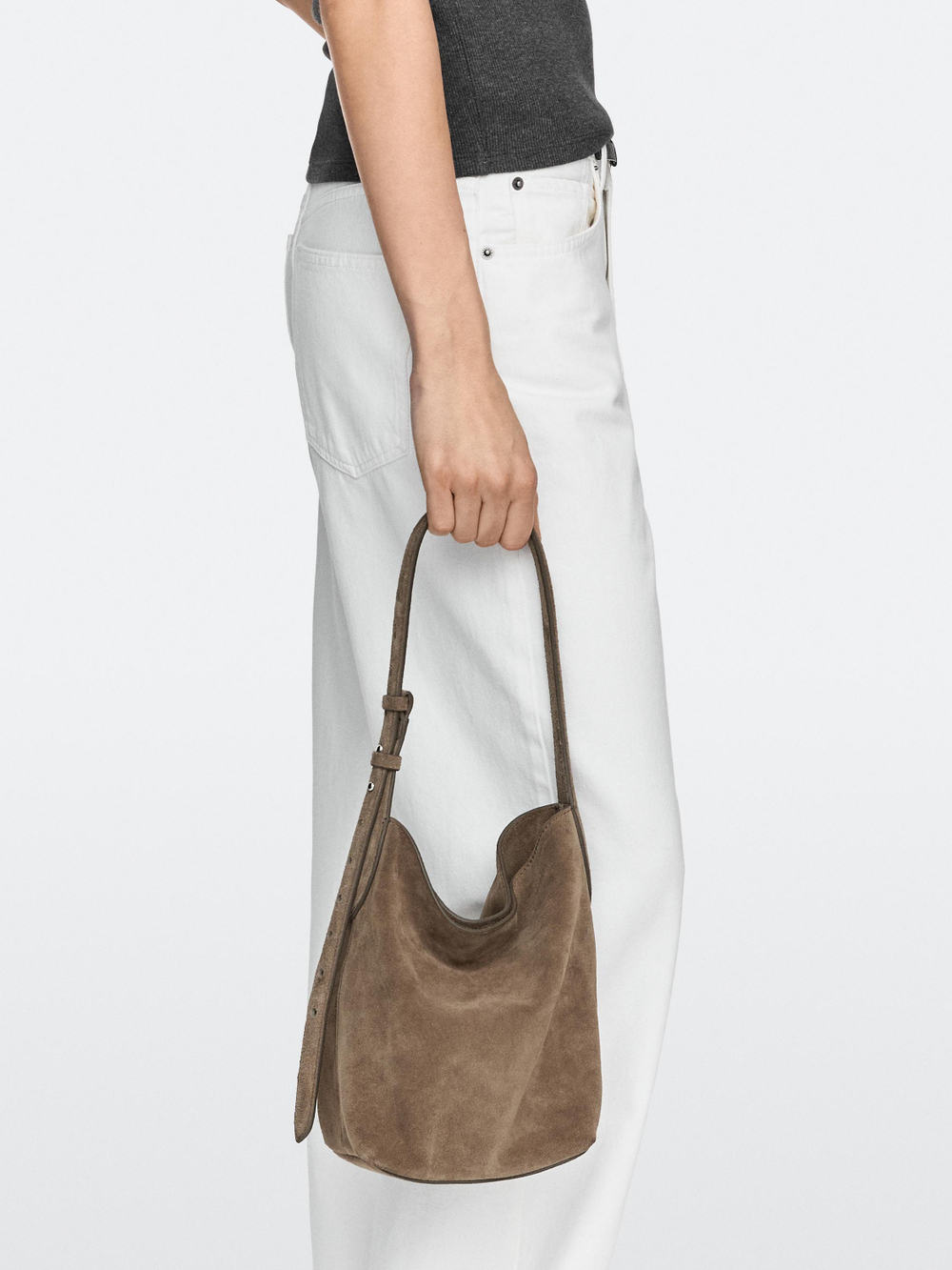 Massimo Dutti Мини-сумка-ведро из натуральной кожи и кожи, серо-коричневый