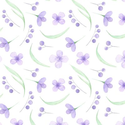 Весенний принт. Сиреневые цветы, весенняя зелень. Цветочный принт