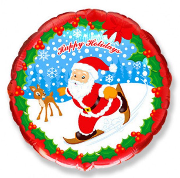 F Шар -круг, фольга, 18"/46 см, НГ "Дед Мороз на лыжах" (БГ-15)