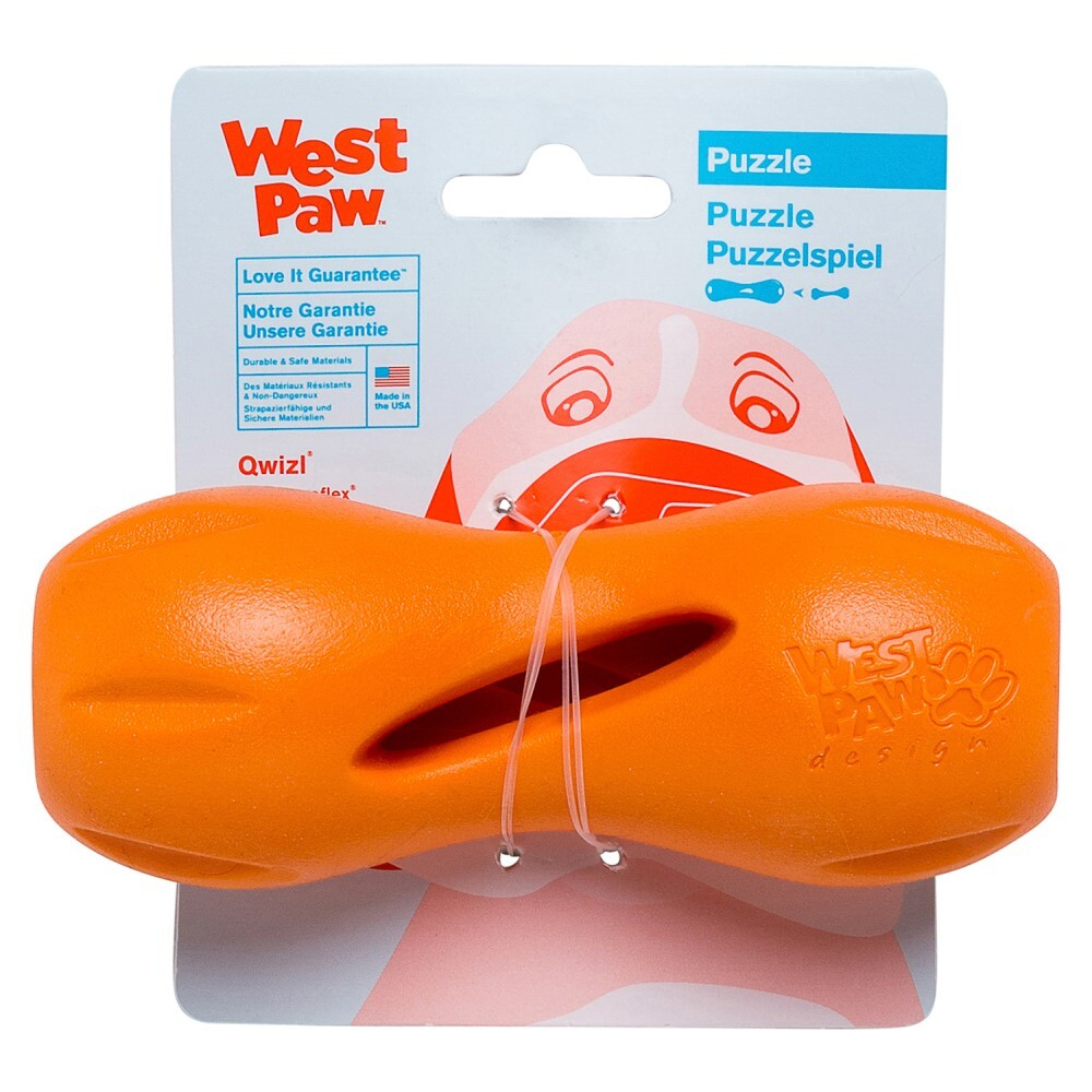 Игрушка "Гантеля под лакомства Qwizl S " 14х6 см оранжевая - для собак (West Paw Zogoflex)