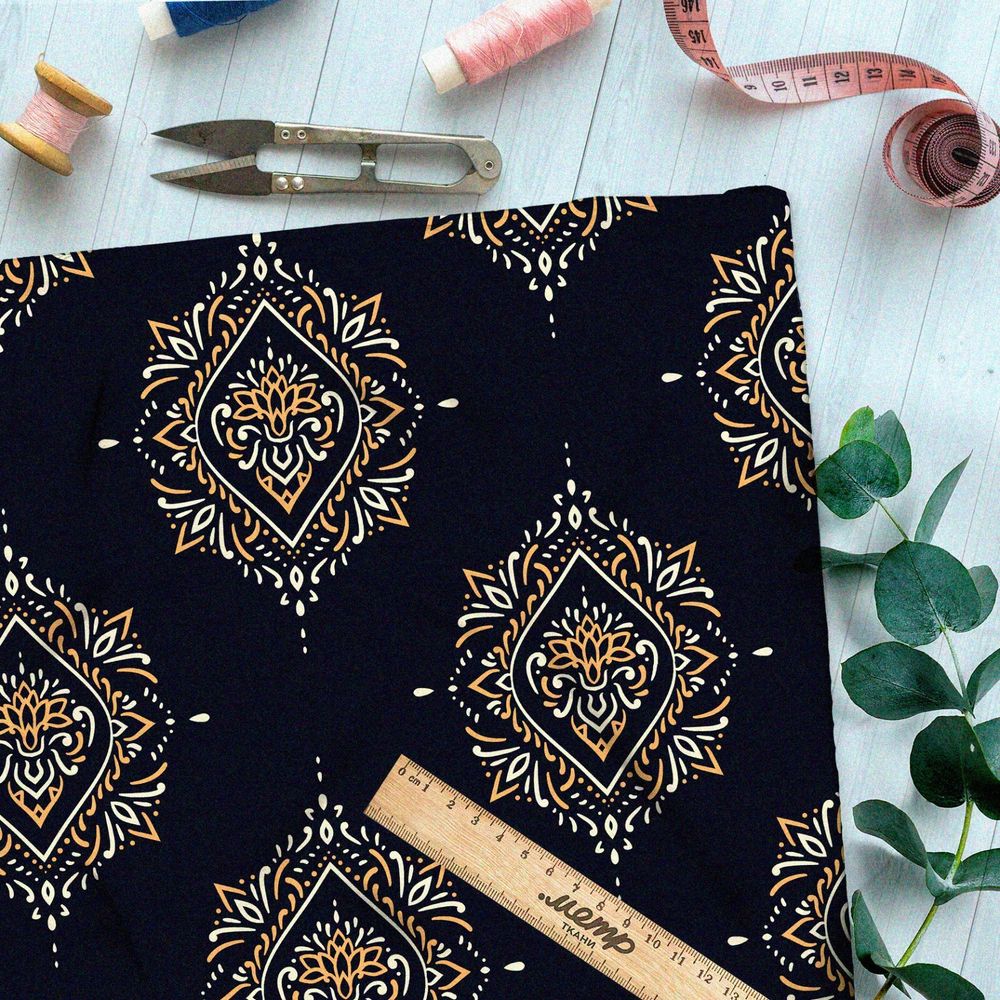 Ткань ниагара симметричная медно-железная роспись на чёрном фоне