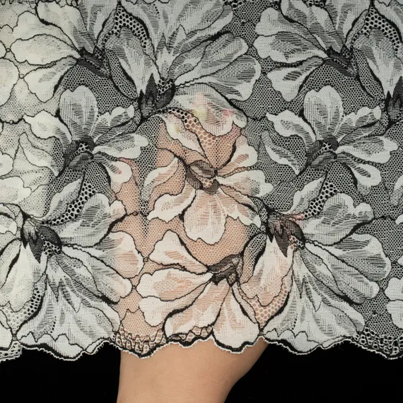 Кружево эластичное молочное/черное 21 см, Китай