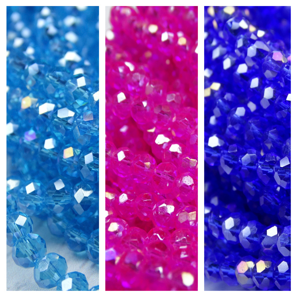 Хрустальные бусины "рондель", комплект из трех цветов: малиновый с AB покрытием, ярко-голубой с AB покрытием, светло-синий с AB покрытием, размер: 3х4 мм, общее количество: 290-300 бусин.