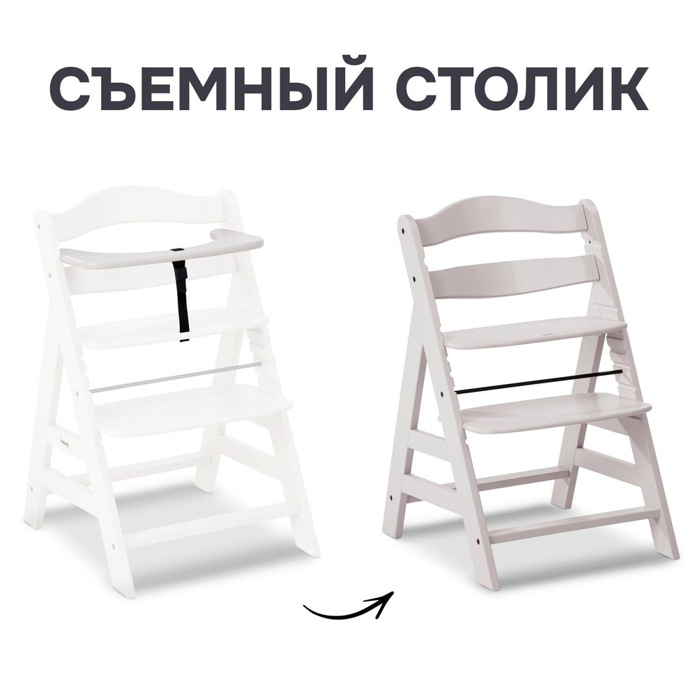 Детский растущий стульчик для кормления Лео из массива березы, с регулировкой по высоте и защитной перекладиной, белый