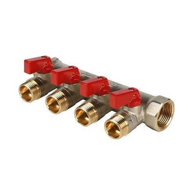 Коллектор запорный проходной STOUT - 3/4" (НР/ВР) на 4 контура 1/2" (НР, ручки красные)