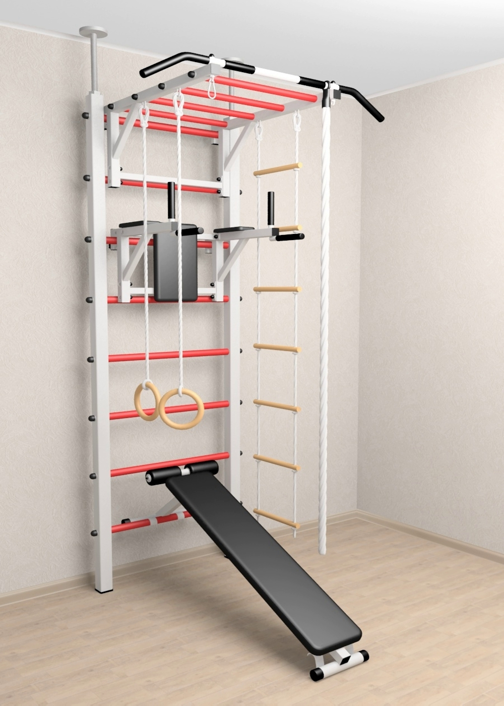Шведская стенка Sv Sport враспор (Турник рукоход/Брусья/Скамья/Канат/Кольца/Лестница)