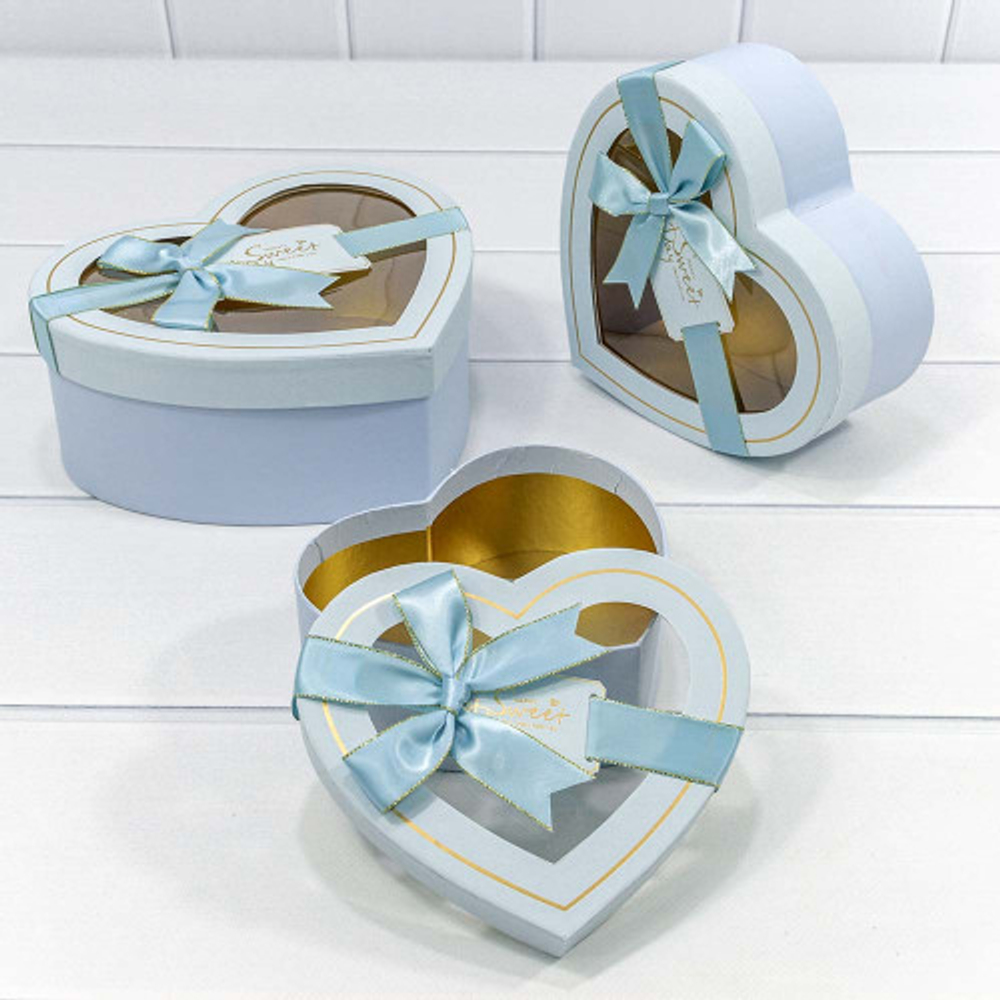 Коробка 22.2х19.5х9 см Набор 3 шт "Сердце" с бантом (Голубой)