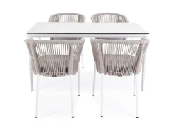 "Малага" обеденная группа на 4 персоны со стульями "Марсель", каркас белый, роуп бежевый