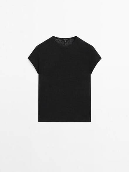 Massimo Dutti Футболка из 100% льна с коротким рукавом, черный
