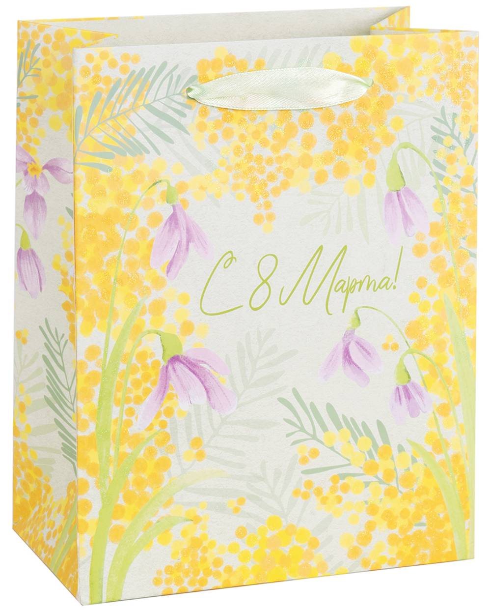 Пакет подарочный, 210гр, 8 Марта, Солнечная мимоза, с блестками, 32*26*12 см, 1 шт.