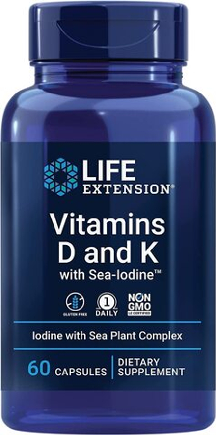 Life Extension, Витамин Д3 и К2 с йодом, Vitamin D and K with Sea-Iodine, 60 капсул