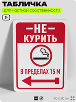 Табличка для частной территории "Не курить в пределах 15 м", на дом, для участка, для подъезда, организаций и частных территорий, предупреждающая, 40х30 см, Silver Plane x Айдентика Технолоджи