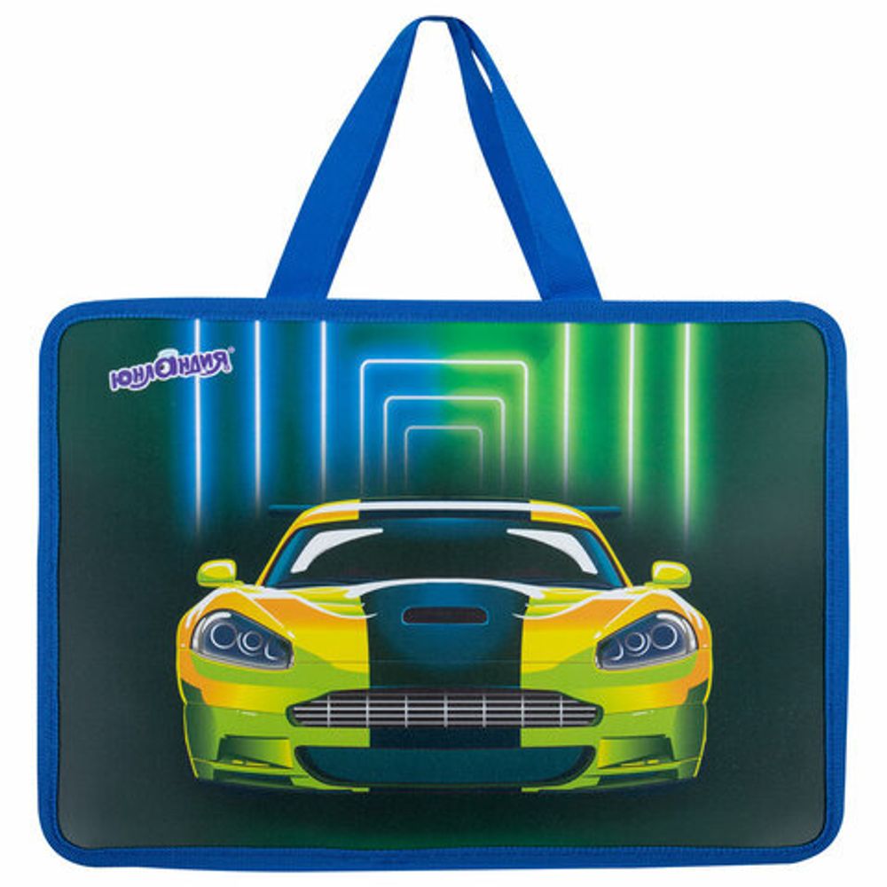 Папка на молнии с ручками ЮНЛАНДИЯ А4, 1 отделение, пластик, 80 мм, "Neon car", 272160