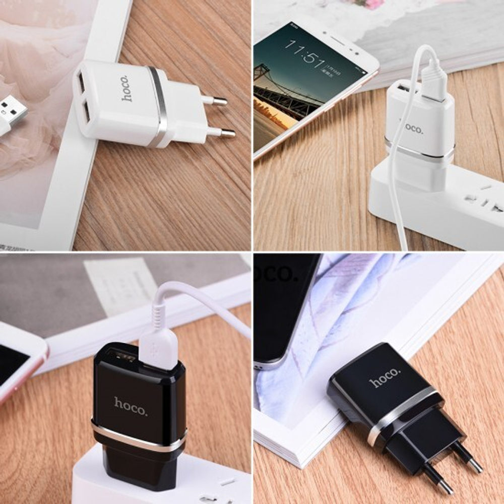 Сетевой адаптер Hoco C12 на 2 USB 2.4 А, 010522 Черный