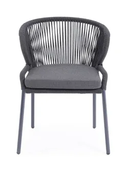 "Милан" стул плетеный из роупа, каркас алюминий темно-серый (RAL7024) муар, роуп темно-серый круглый, ткань темно-серая 027