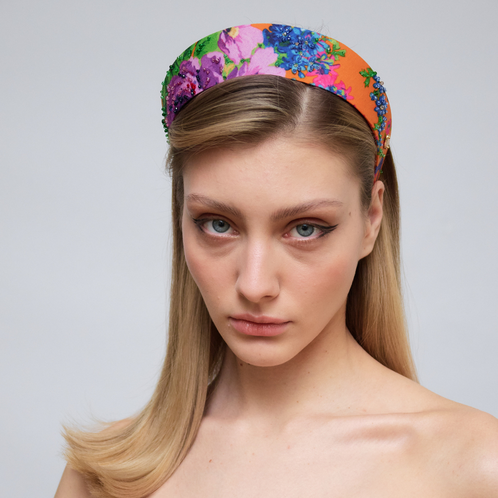 Кокошник S из оранжевого жаккарда расшитый камнями