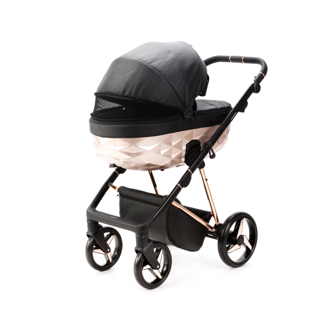 Детская универсальная коляска Adamex Quantum Star Deluxe Q-STAR101 (2в1) Черная экокожа, роз. золото