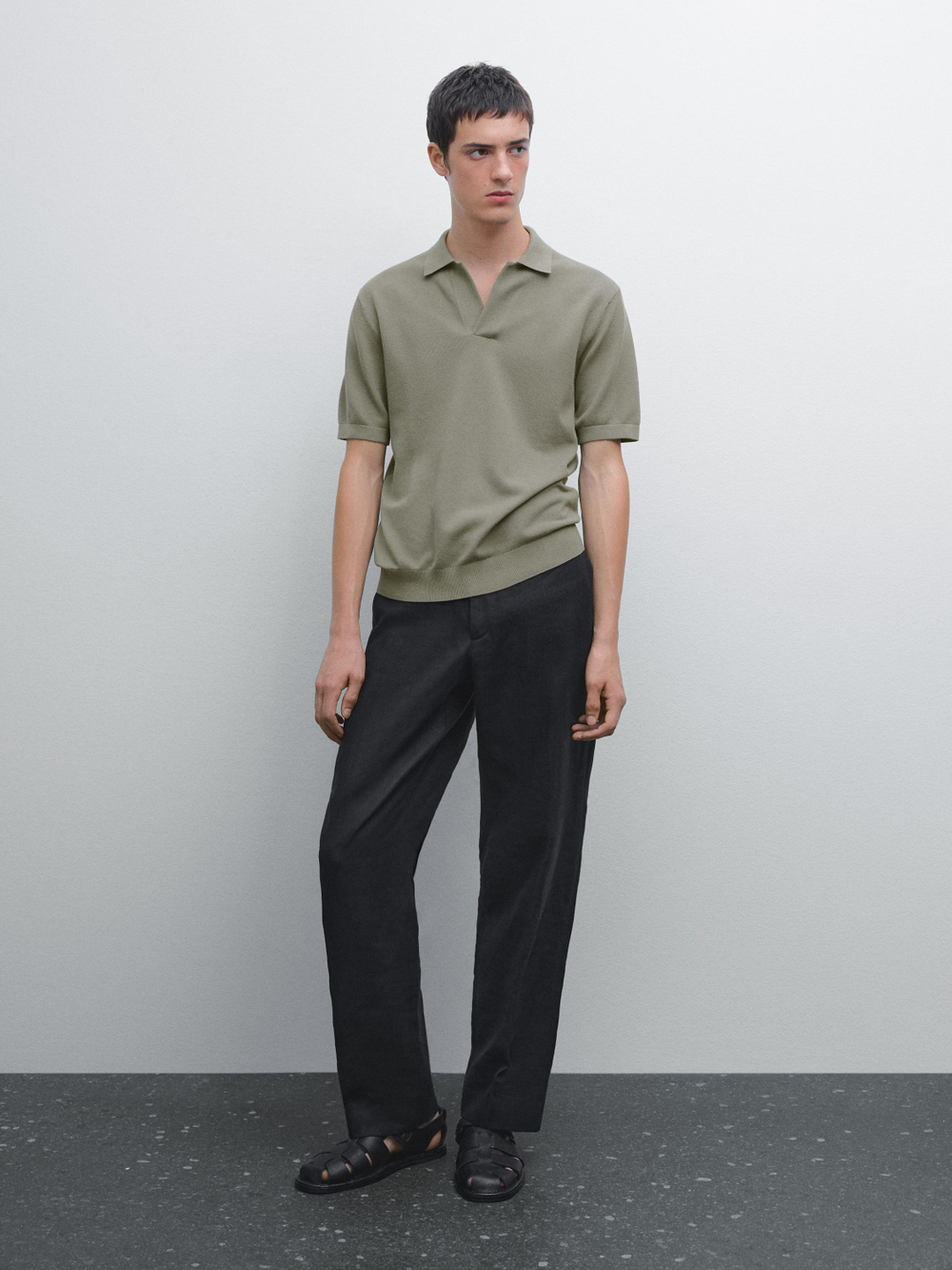 Massimo Dutti Вязаная футболка-поло с V-образным вырезом, болотно-зеленый