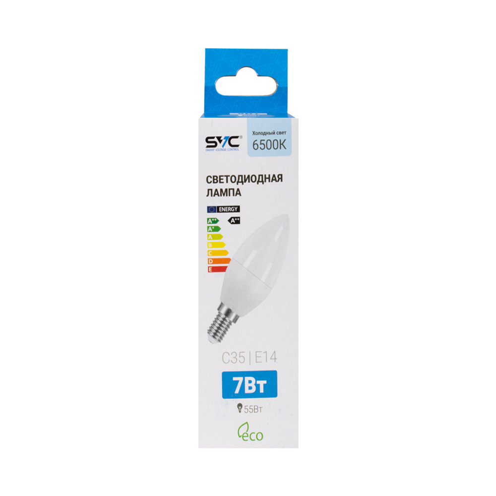 Лампа светодиодная SVC LED C35-7W-E14-6500K Свеча Холодный