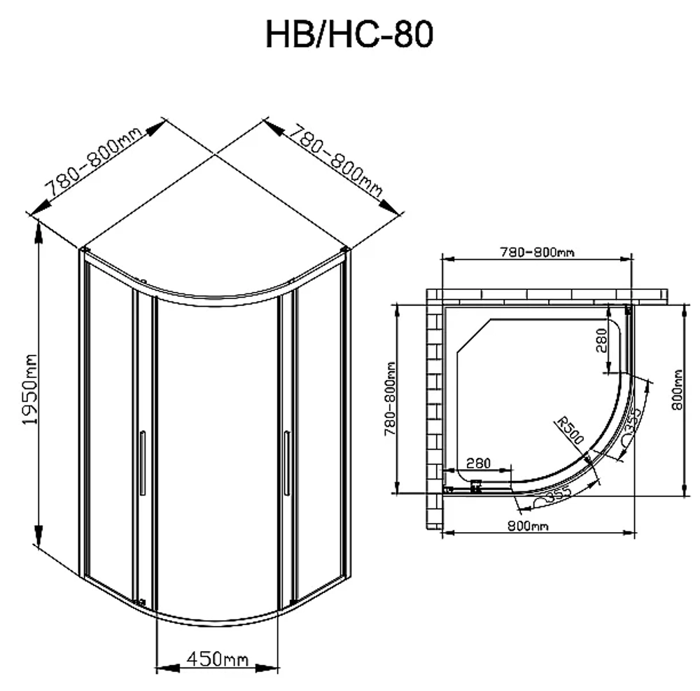 Душевой уголок DTO HC 80 98889 стекло прозрачное/профиль хром