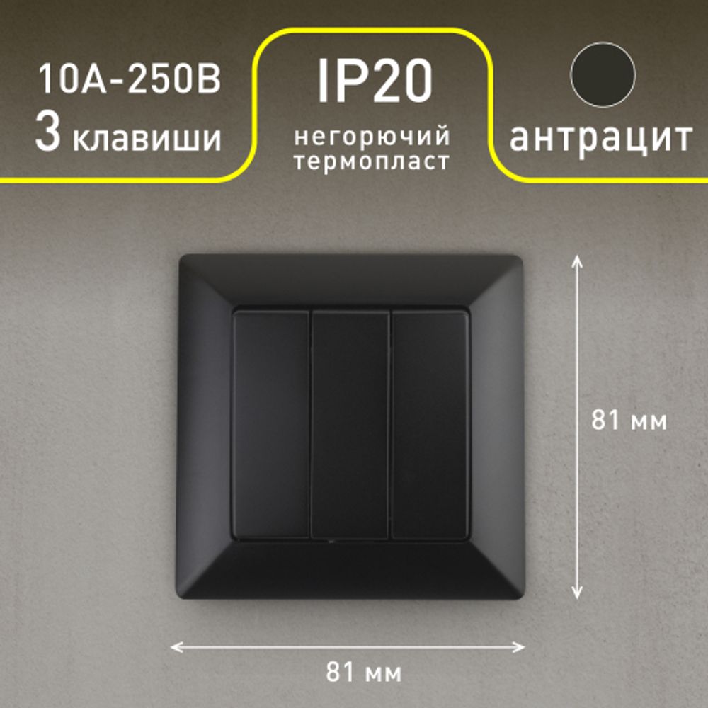 Выключатель Intro Solo 4-106-05 трехклавишный 10А-250В, IP20, СУ, антрацит
