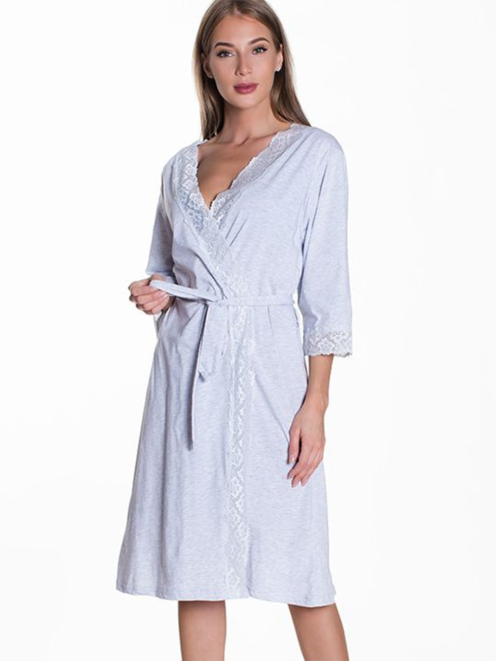 Оригинальный халат с кружевной отделкой (Размер: XL) (Цвет: серый)