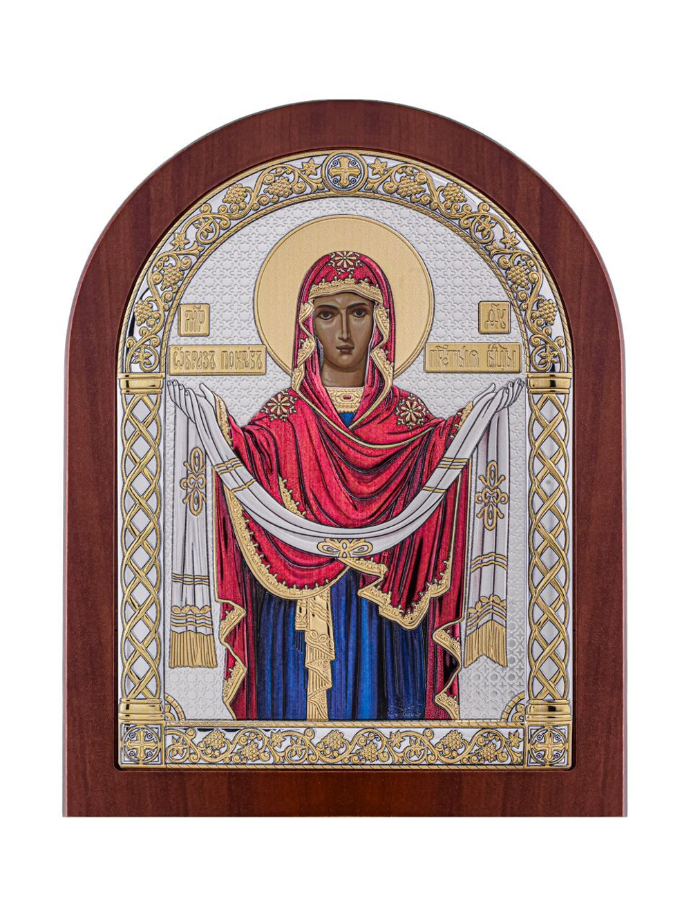 Покрова БМ, икона арочная, красное дерево, эмаль 86х112