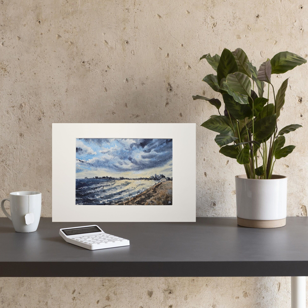 Картина акварельная авторская в паспарту 21х30 см на стену для интерьера "Город у воды"