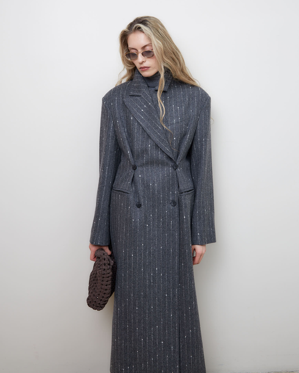 Пальто с дополнительными петлями из шерсти Стелла Маккартни полоска серый