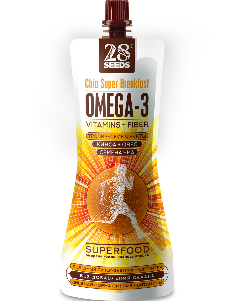 Супер-завтрак 28SEEDS Чиа ОМЕГА-3 Тропические фрукты, Полезные продукты питания без сахара, Омега 6, клетчатка, протеин, пюре фруктовое, смузи