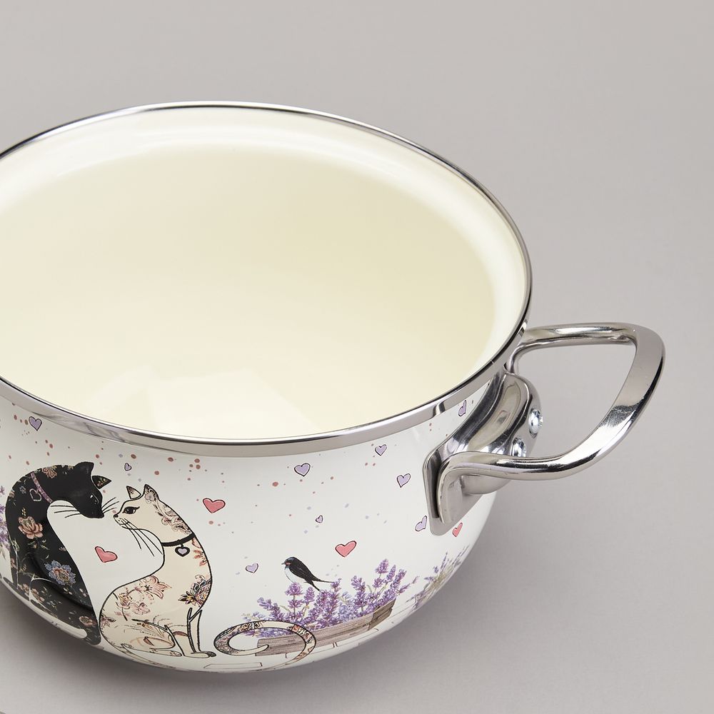 КАСТРЮЛЯ AGNESS ЭМАЛИРОВАННАЯ СО СТЕКЛЯННОЙ КРЫШКОЙ СЕРИЯ "LAVENDER CATS", 2,0 Л ДИА. 18СМ