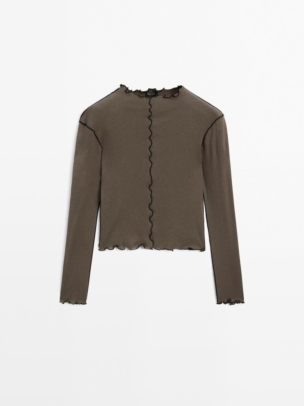 Massimo Dutti Футболка с декоративными швами и окантовкой, жженый