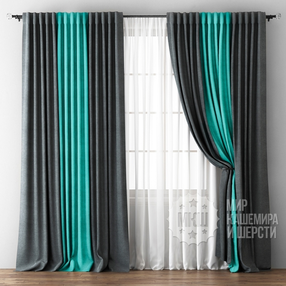 Готовые шторы для гостиной: КРИСТЕН (арт. BL01-242-05) - 300х270, (170х270)х2 см. - (Возможна высота 250 см.) - мокрый асфальт-бирюзовые